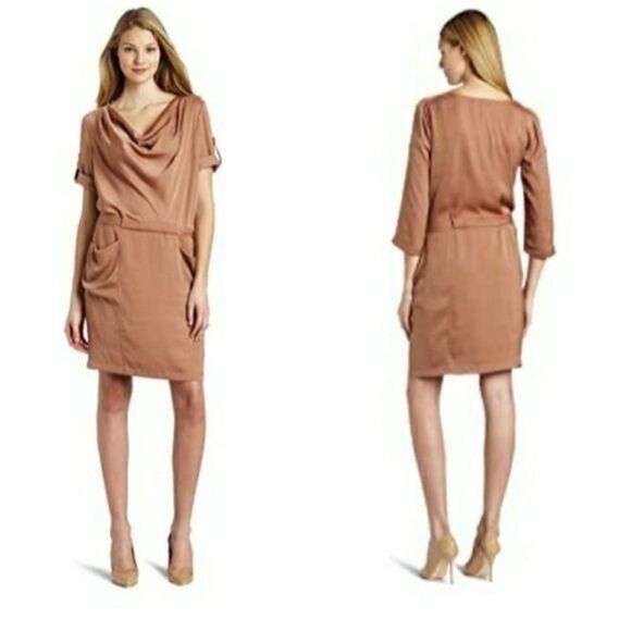 BCBGMaxAzria Alex Cowl Neck Dress Short Sleeve Belted Peasant Satin Rose Gold M - Picture 1 of 14